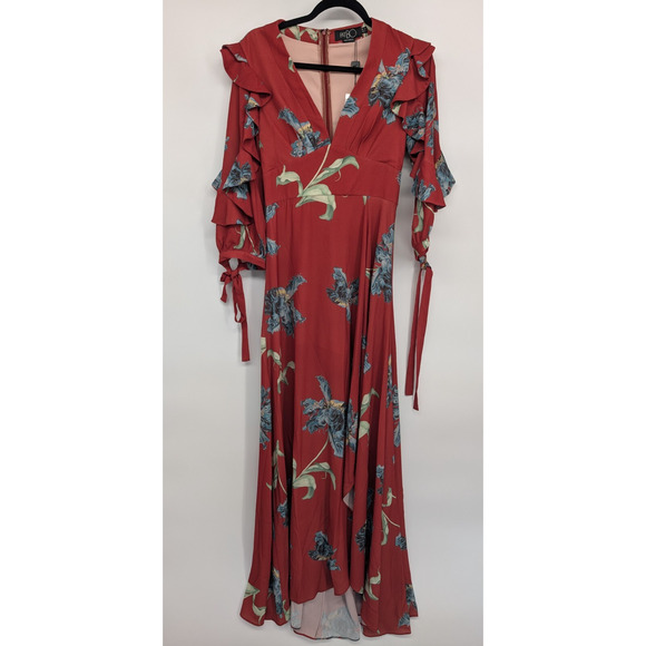 NWD Patbo Floral print Ruffle Side Slit Maxi Dress Size 2 Red V-neck #1D454 - Picture 4 of 14
